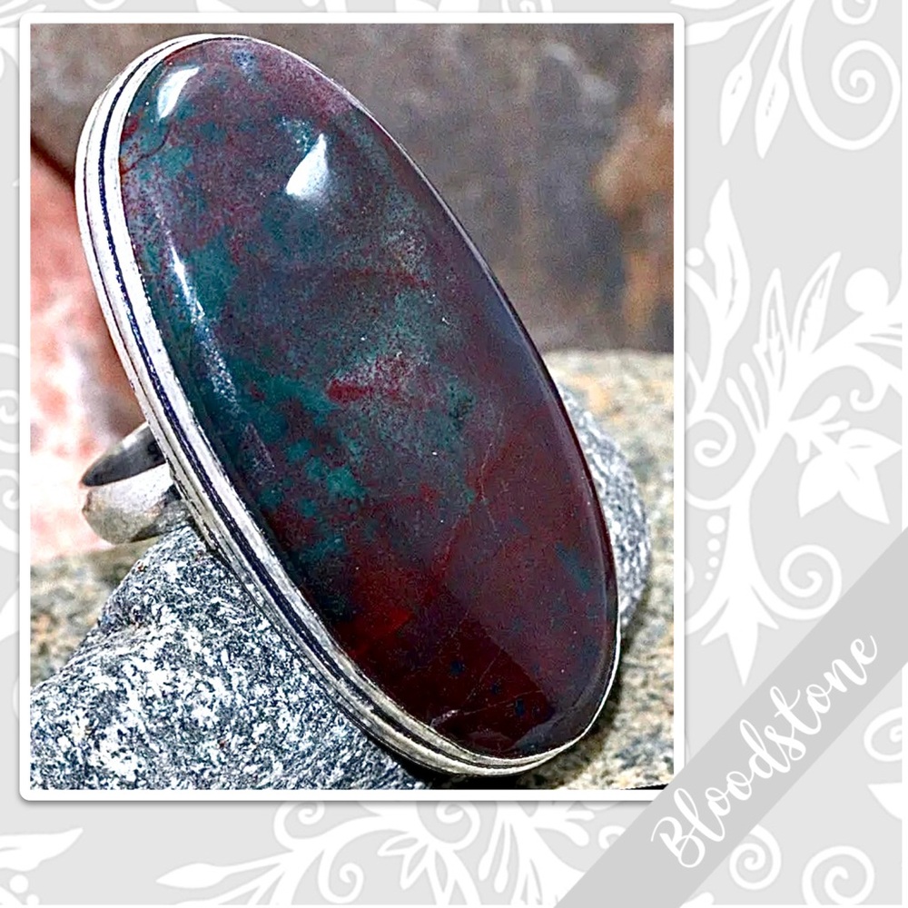 Bloodstone Eclectic Silver Artisan Ring, Size 8 (Burgundy Red, Teal Green)